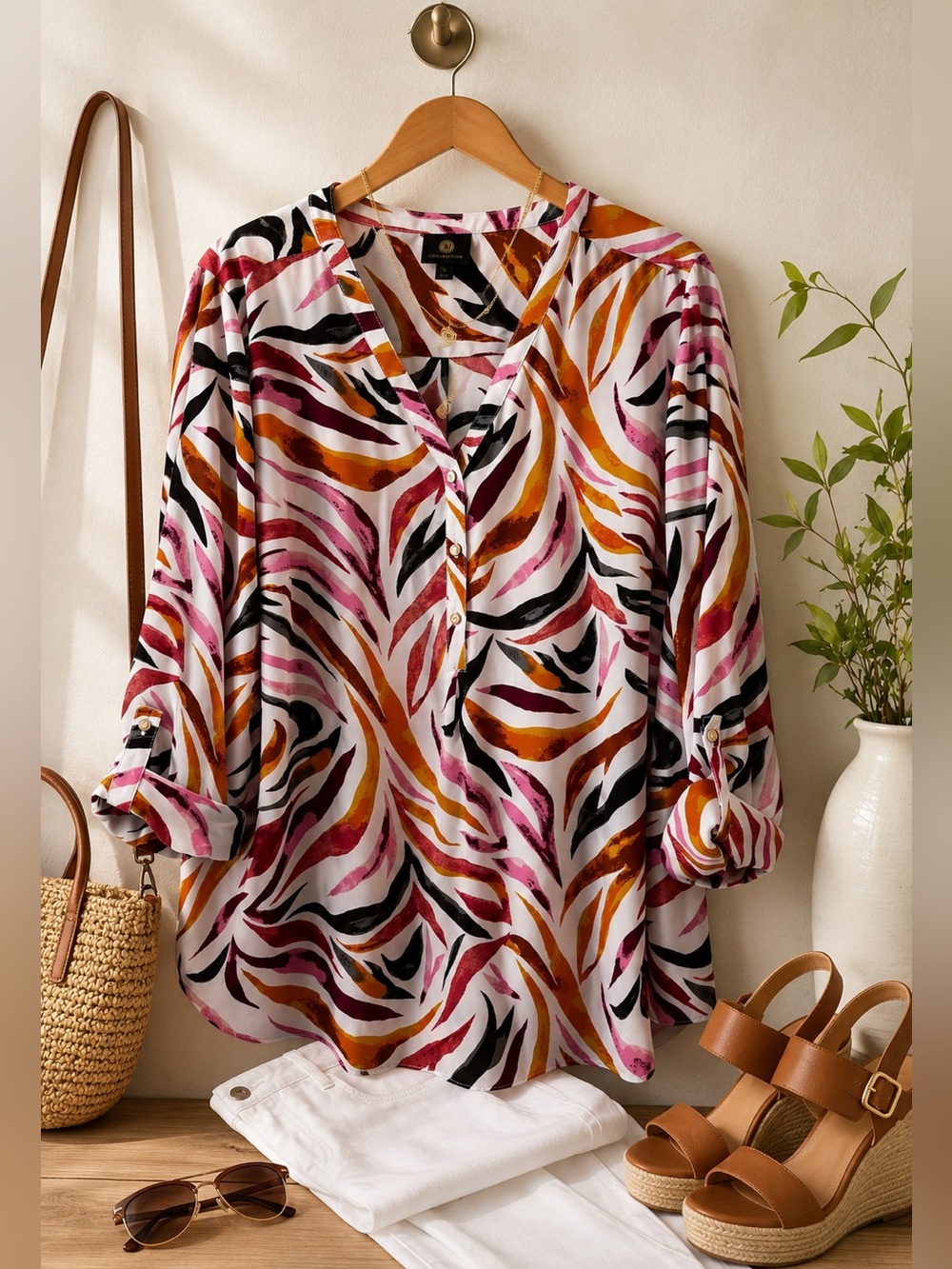JM Collection Abstract Brushstroke Tunic Blouse Pink Orange BLK  XL Vacation top